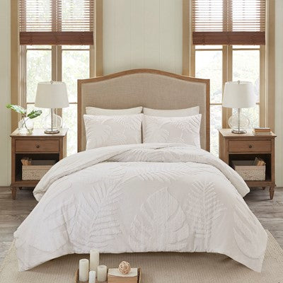 Madison Park Bahari 3 Piece Tufted Cotton Chenille Palm Duvet Cover Set in Off White, King / Cal King MP12-6224
