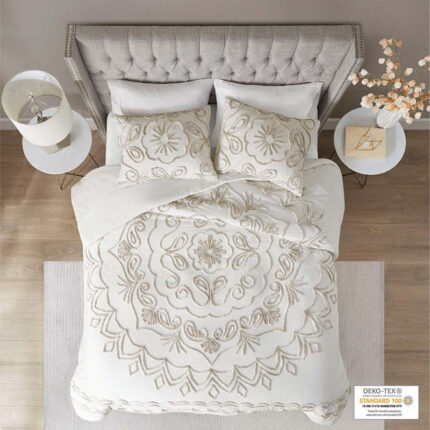 Madison Park Violette 3 Piece Tufted Cotton Chenille Duvet Cover Set in Ivory / Taupe, King / Cal King MP12-7143