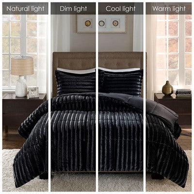 Madison Park Duke Faux Fur Comforter Mini Set in Black, Full / Queen MP10-3064