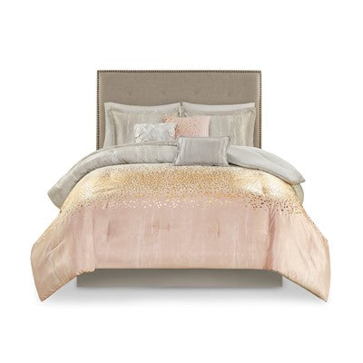 Madison Park Midnight Garden 7 Piece Metallic Print Comforter Set in Blush, Queen MP10-7057